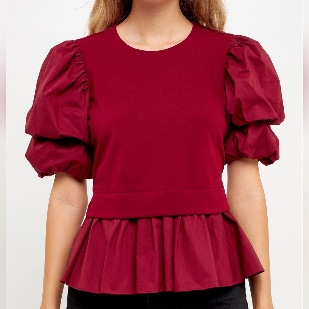 'English factory' maroon puff sleeve knit top
